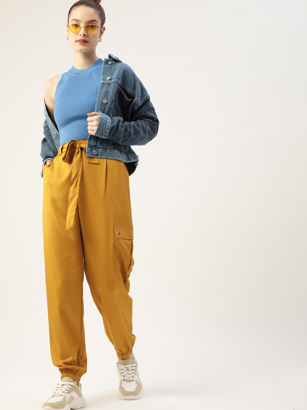 

DressBerry Women Mustard Yellow Solid Pleated Joggers with Belt