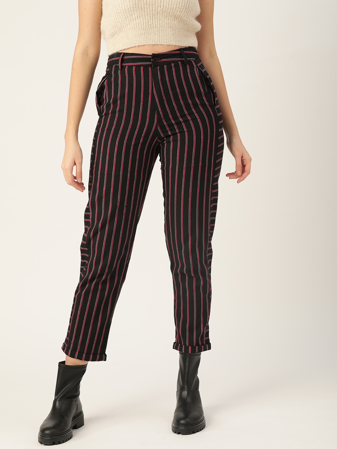 

DressBerry Women Black and Pink Striped Trousers