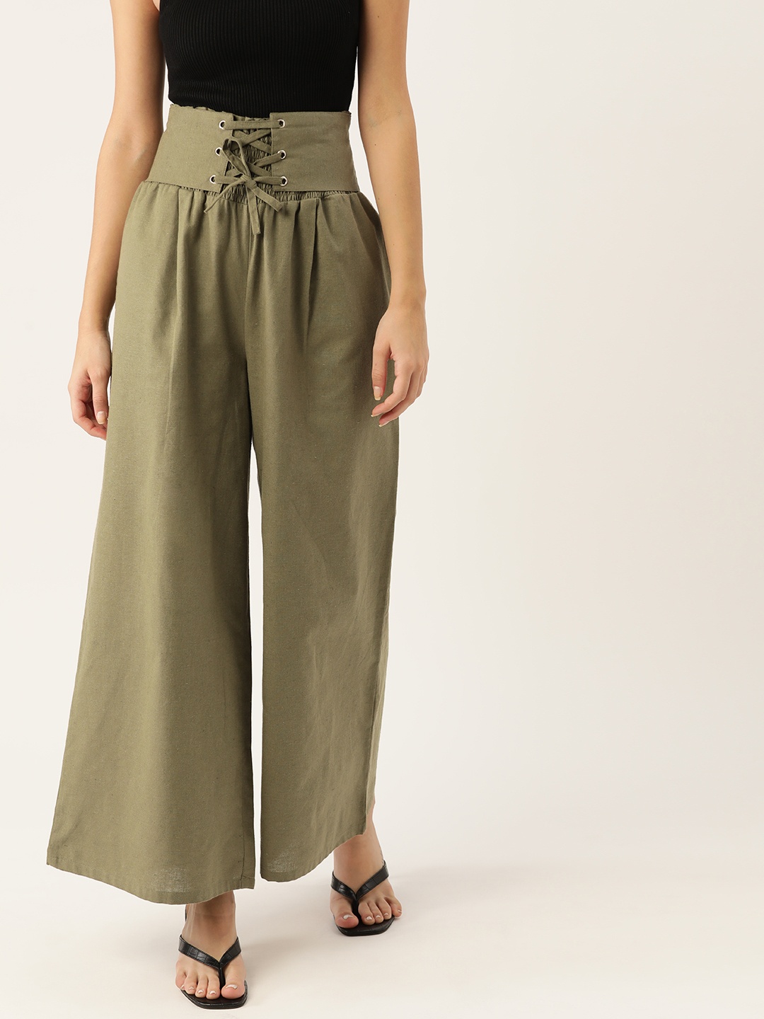 

DressBerry Women Olive Green Pure Cotton Pleated Wide Trousers