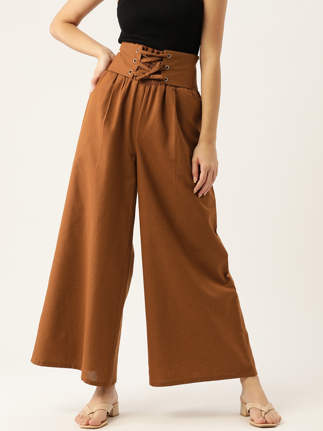 

DressBerry Women Rust Brown Pure Cotton Pleated Trousers