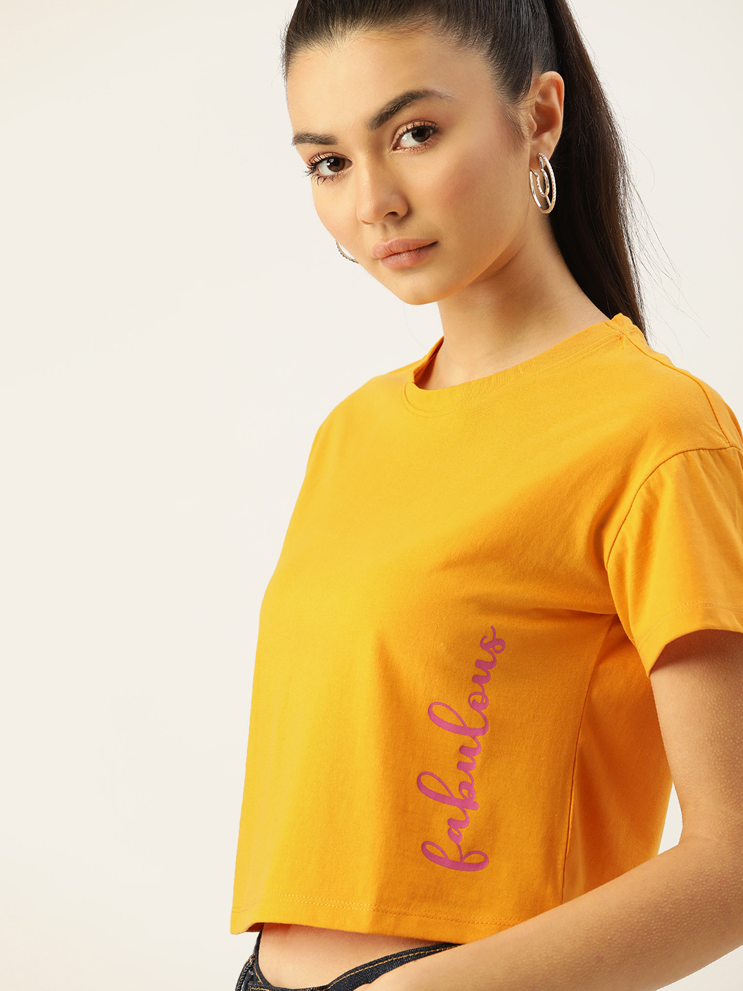

DressBerry Women Mustard Yellow Printed Crop T-shirt
