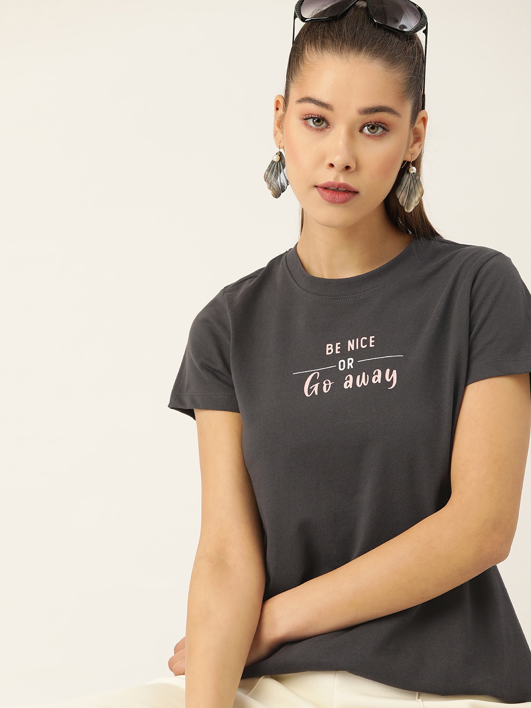 

DressBerry Women Charcoal Grey Typography Printed T-shirt