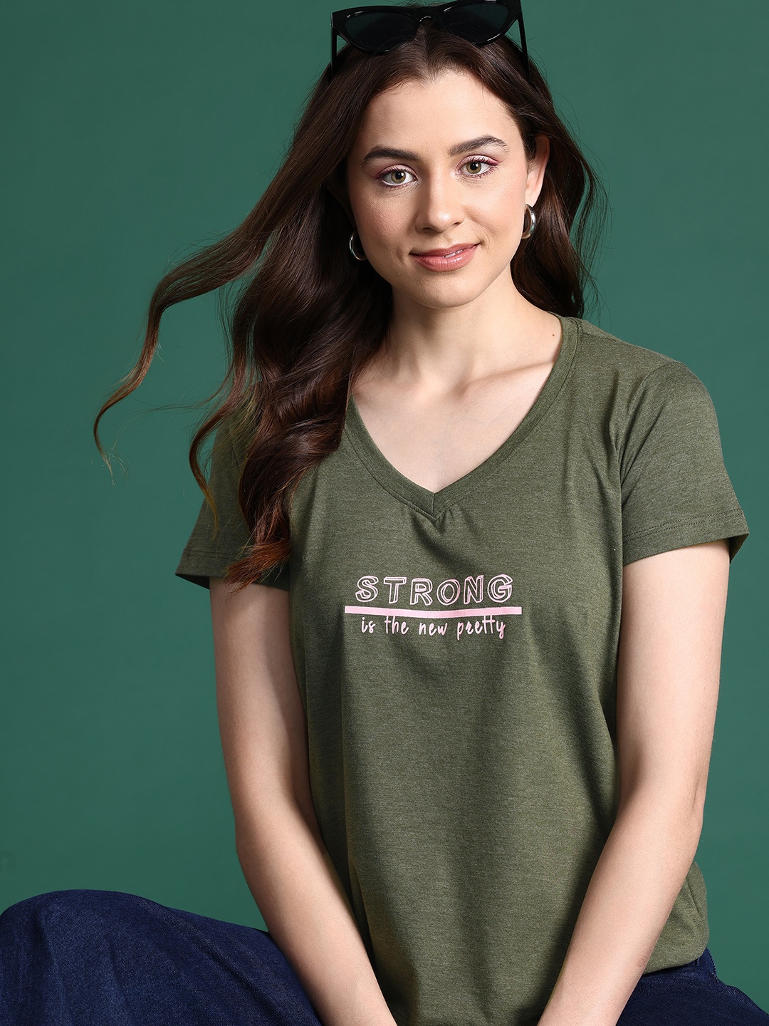 

DressBerry Typography Printed V-Neck T-shirt, Green