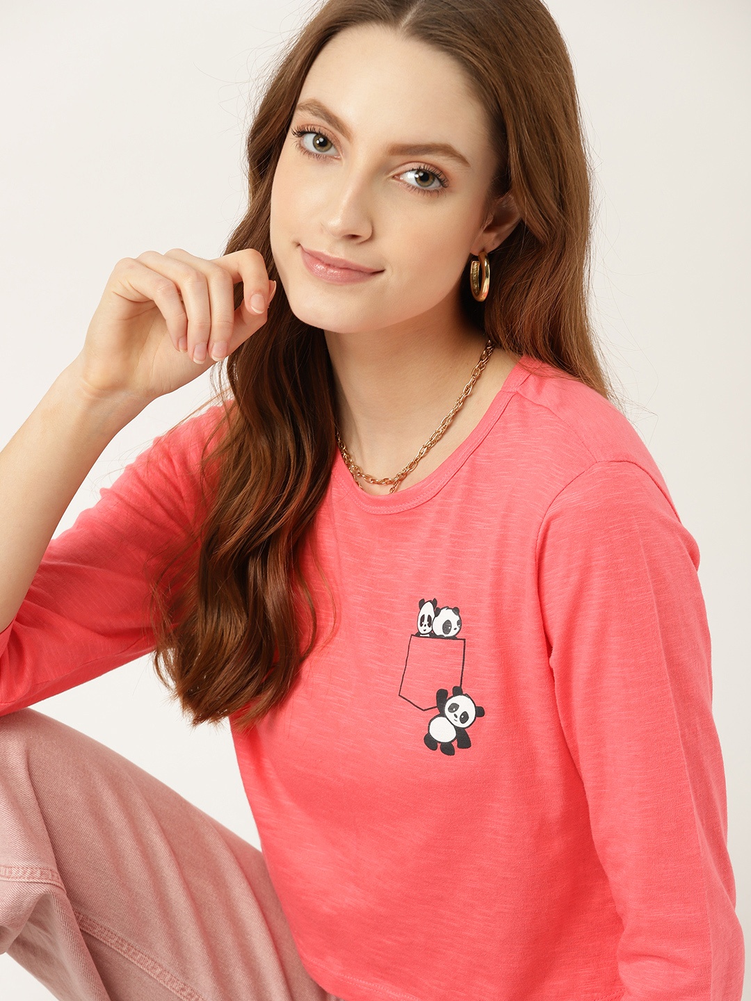 

DressBerry Women Coral Pink Placement Panda Print Pure Cotton Crop T-shirt