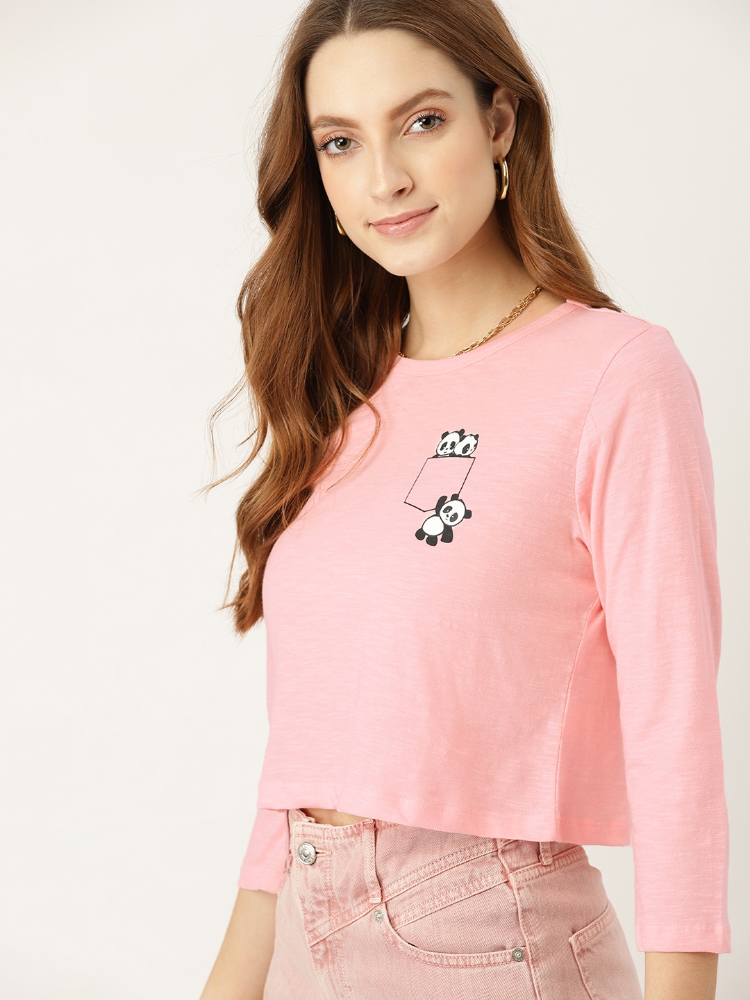 

DressBerry Women Pink Placement Panda Print Pure Cotton Crop T-shirt