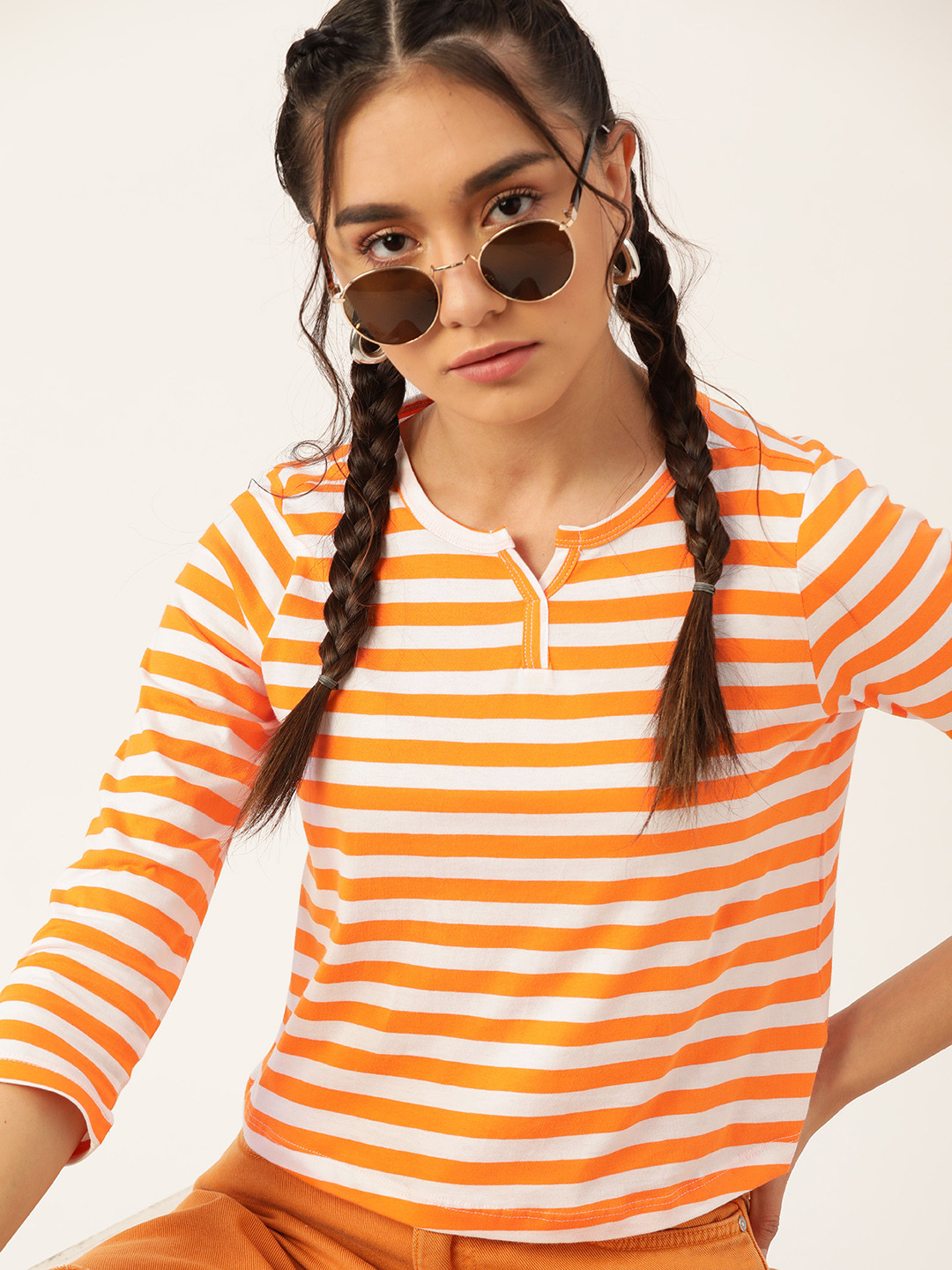 

DressBerry Women Orange White Pure Cotton Striped Pure Cotton T-shirt