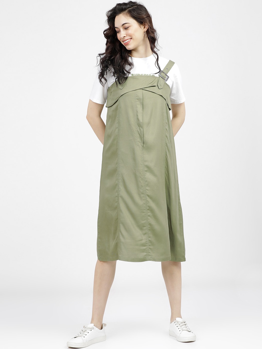 

Tokyo Talkies Women Olive Green Pinafore Midi Dress