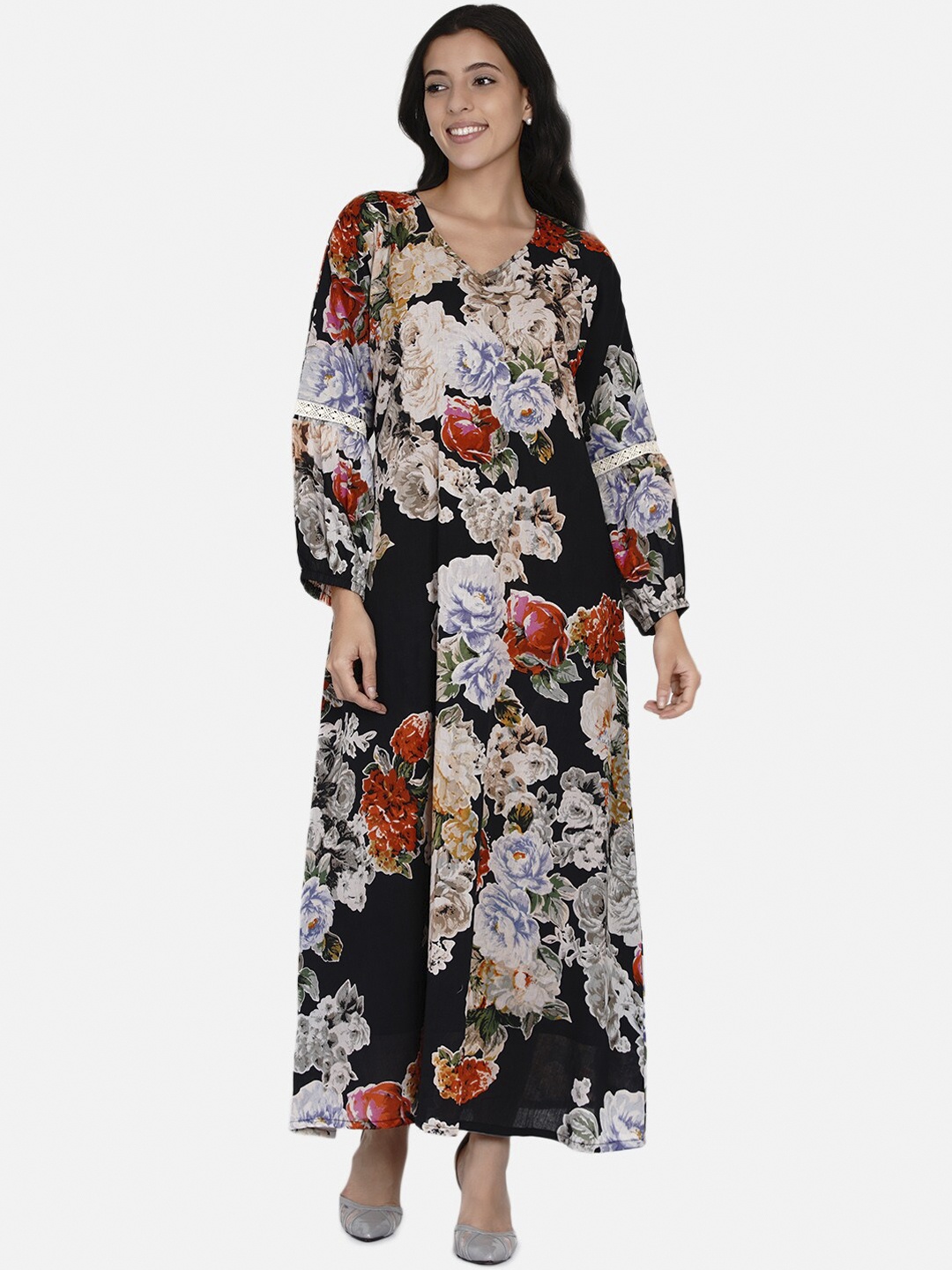 

The Kaftan Company Black & Red Floral Cotton Maxi Dress