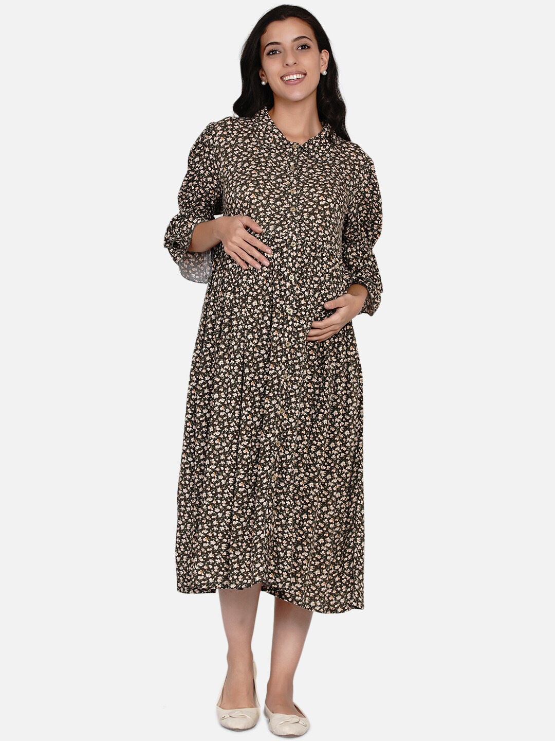 

The Kaftan Company Olive Green Floral Crepe Maternity Shirt Midi Dress