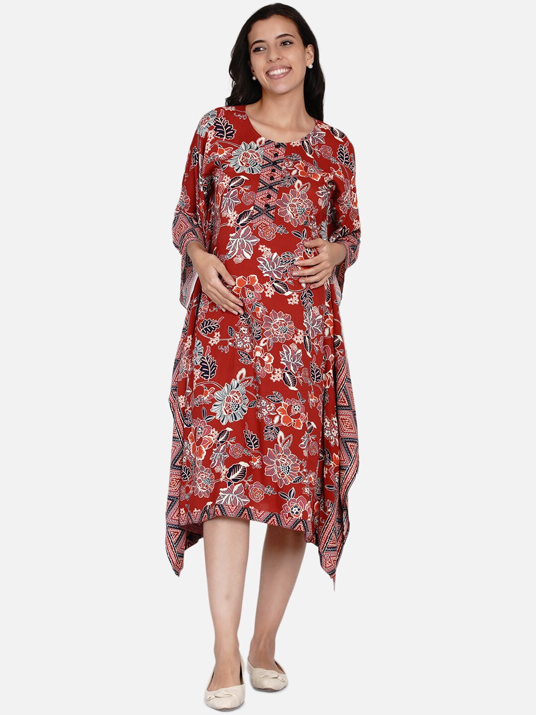 

The Kaftan Company Women Red & Blue Ethnic Motifs Maternity A-Line Midi Dress