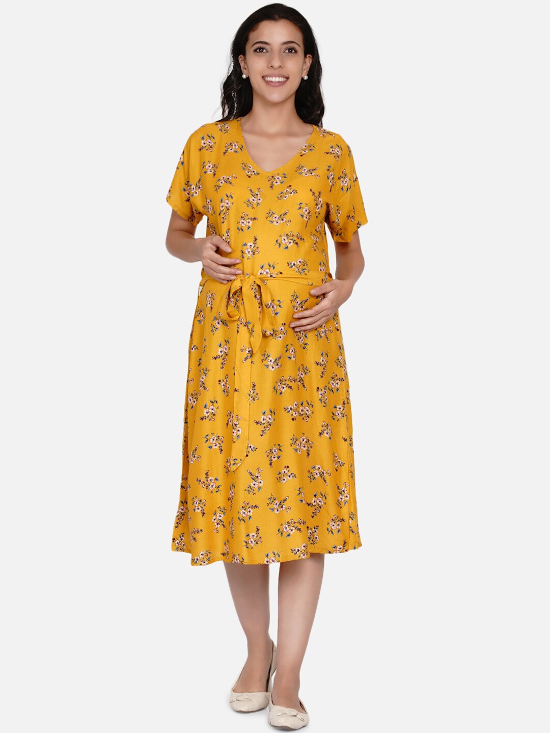 

The Kaftan Company Mustard Yellow Floral Printed Maternity Dress