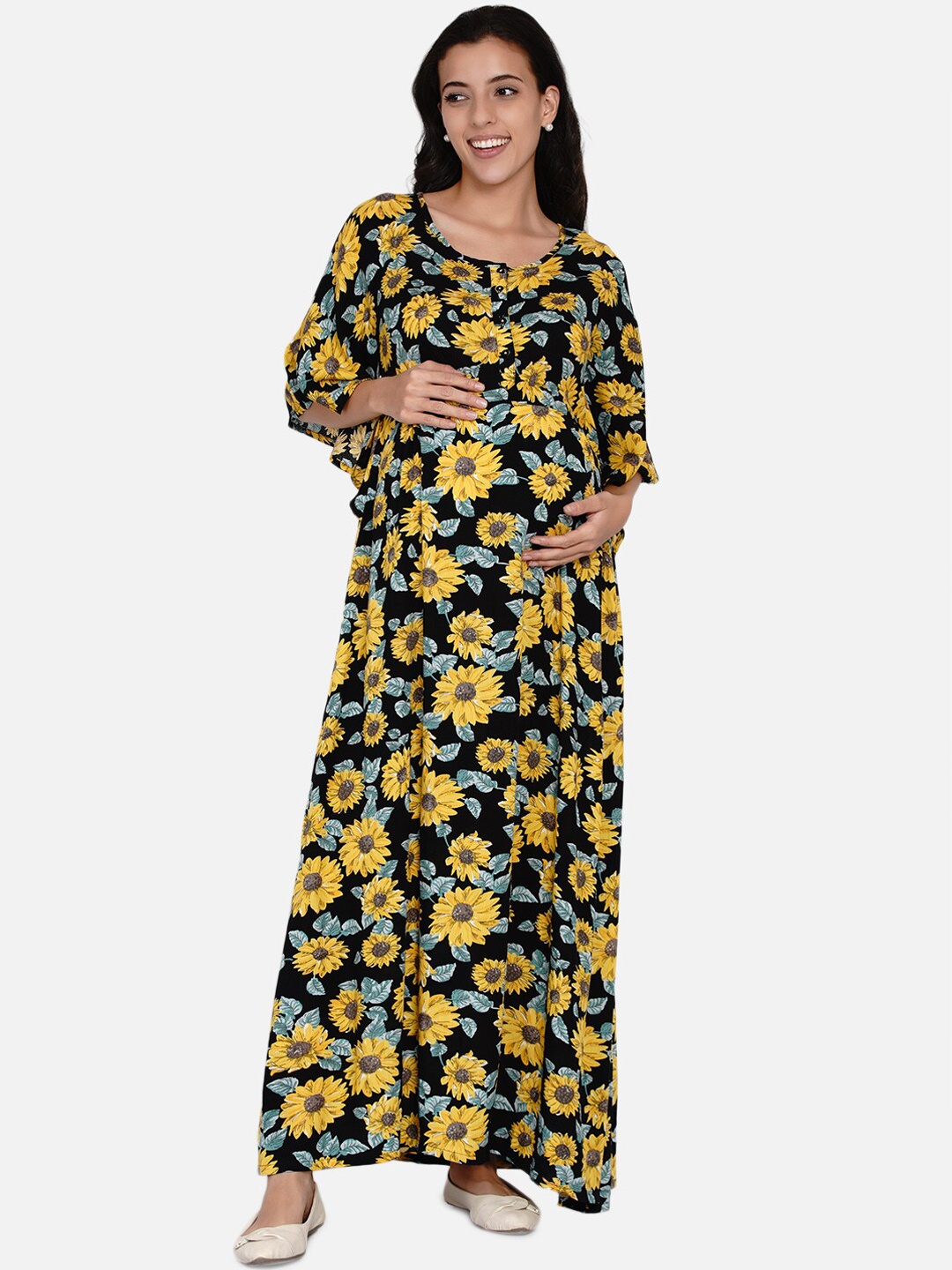 

The Kaftan Company Women Black & Yellow Floral Maternity Maxi Dress