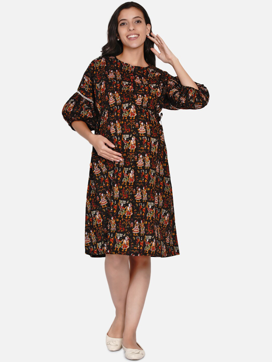

The Kaftan Company Black Kalamkari Printed Maternity Cotton A-Line Dress