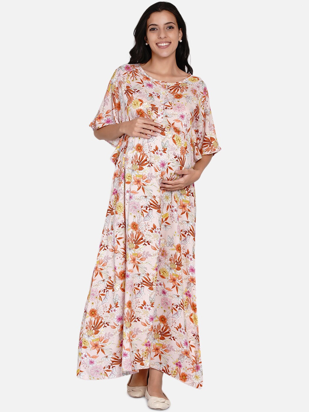 

The Kaftan Company Pink & Orange Maternity Floral Printed Maxi Dress