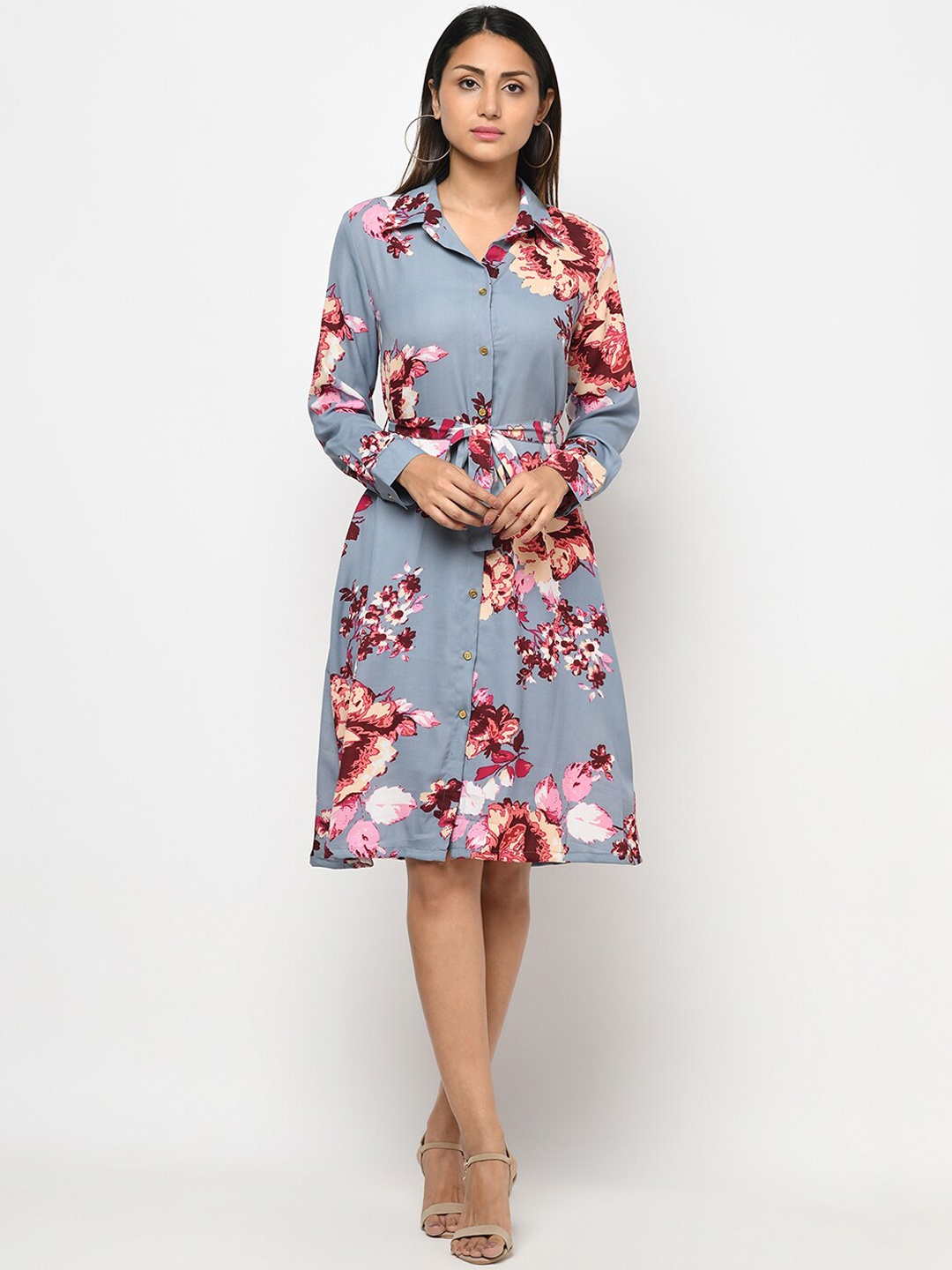 

Purple State Woman Grey Floral Crepe Shirt Dress