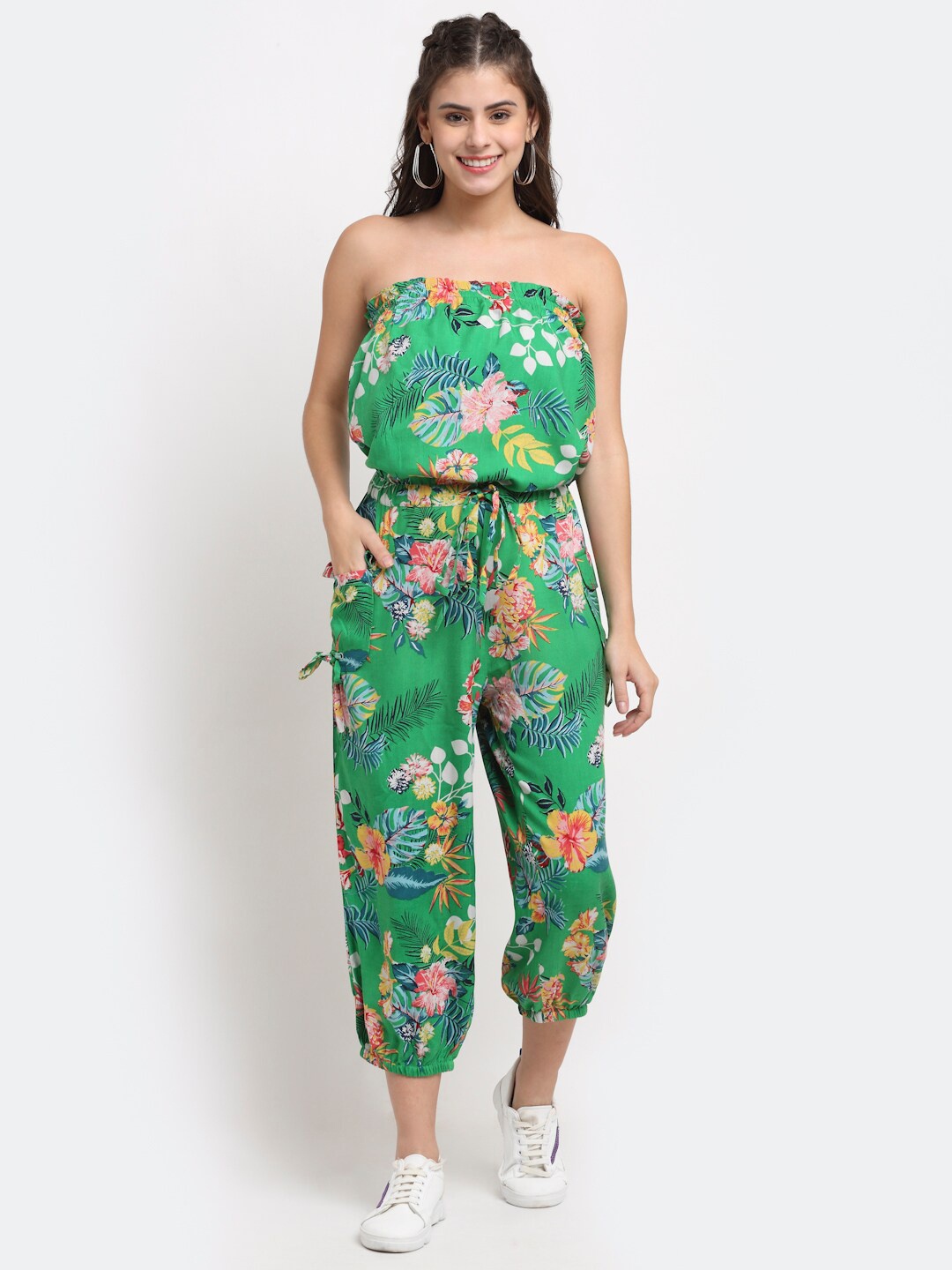 

NEUDIS Green & Yellow Strapless Floral Cropped Printed Basic Jumpsuit