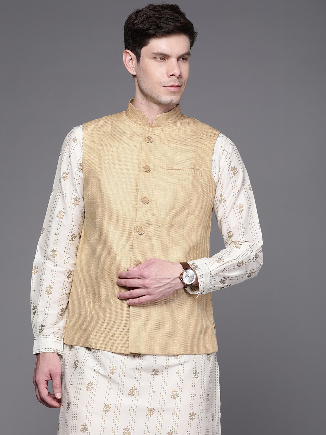 

Manu Men Beige Self Design Tailored Fit Nehru Jacket