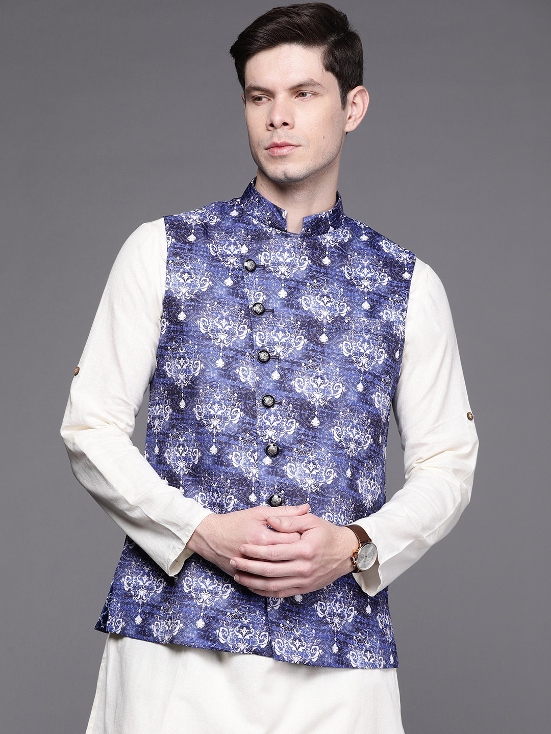 

Manu Men Blue & White Ethnic Motifs Print Angrakha Nehru Jacket