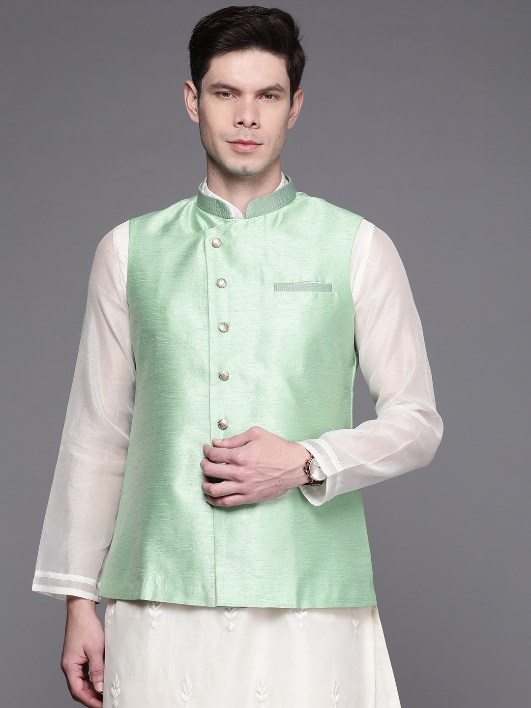 

Manu Men Sea Green Solid Ethnic Nehru Jacket