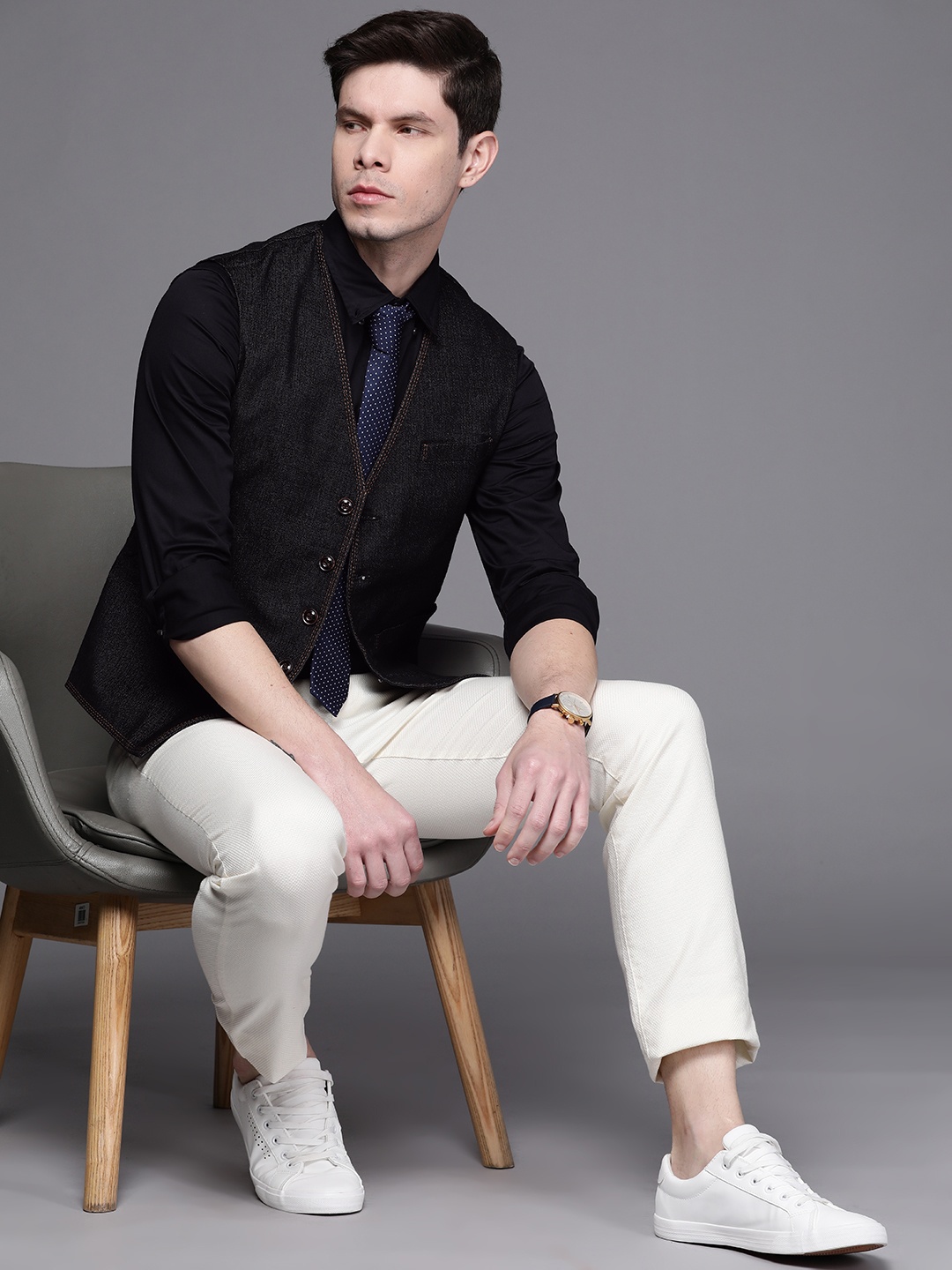 

Manu Men Charcoal Grey Solid Smart Casual Denim Waistcoat