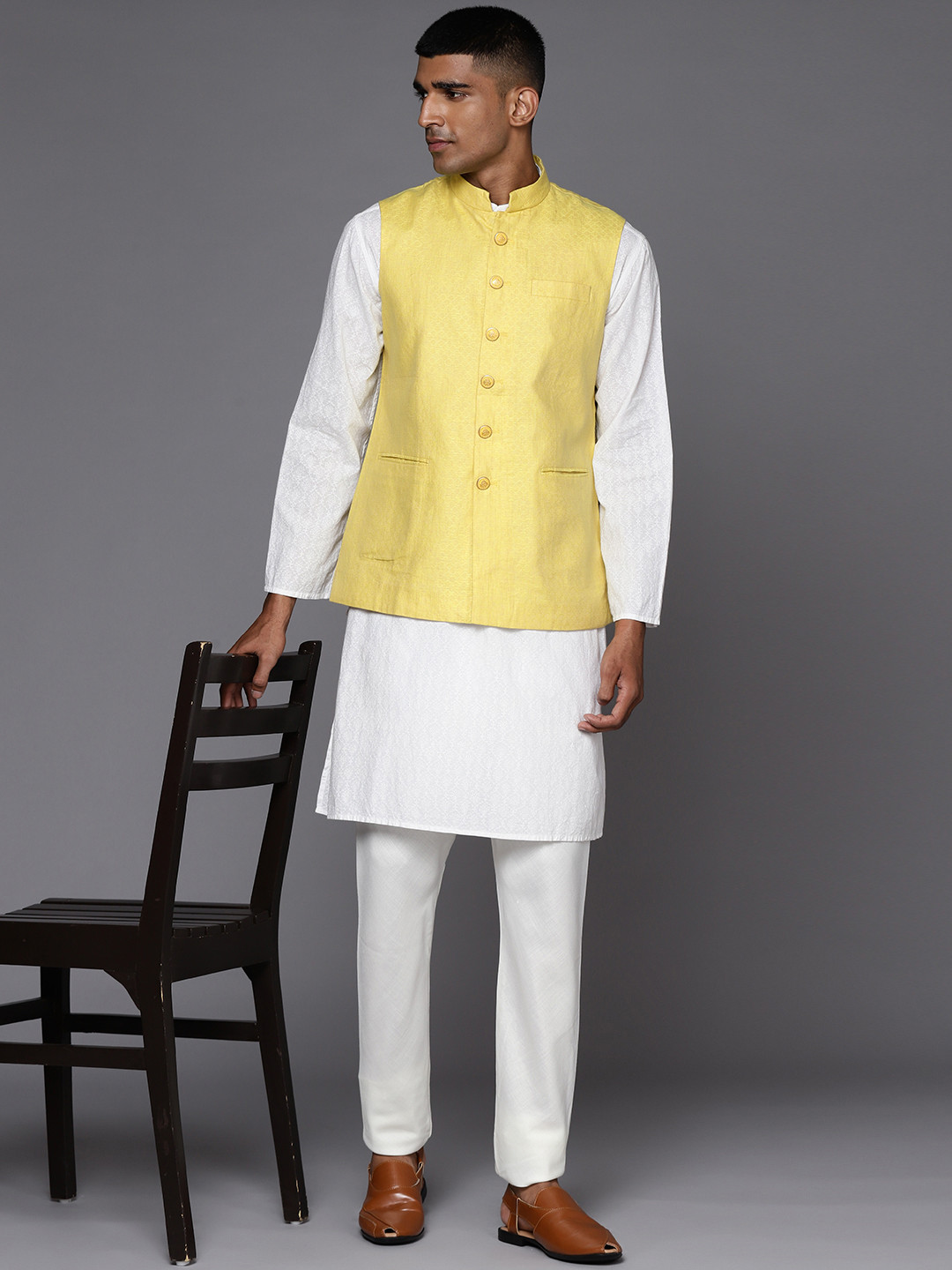 

MANU Men Lime Yellow Linen Self Design Nehru Jacket