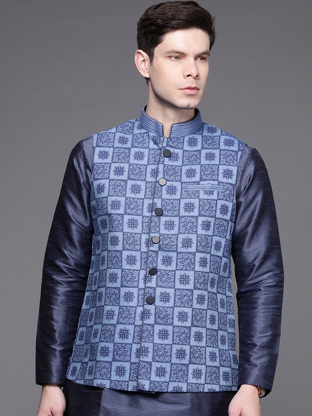 

Manu Men Blue Printed Nehru Jacket