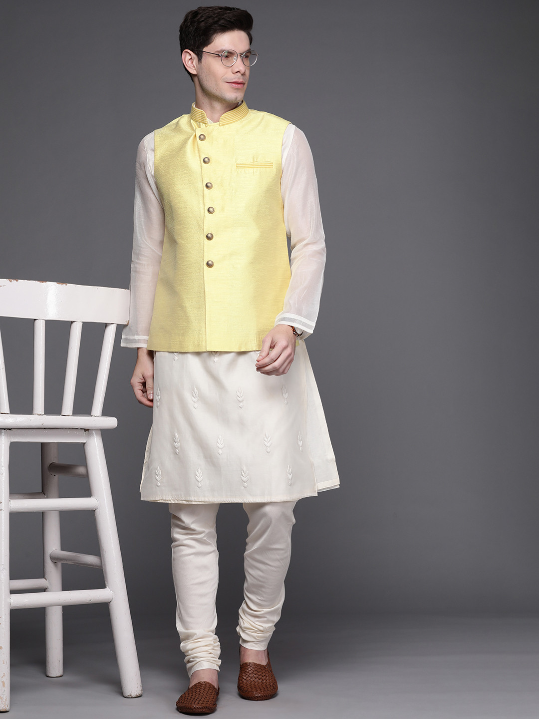 

Manu Men Yellow Solid Angrakha Nehru Jacket