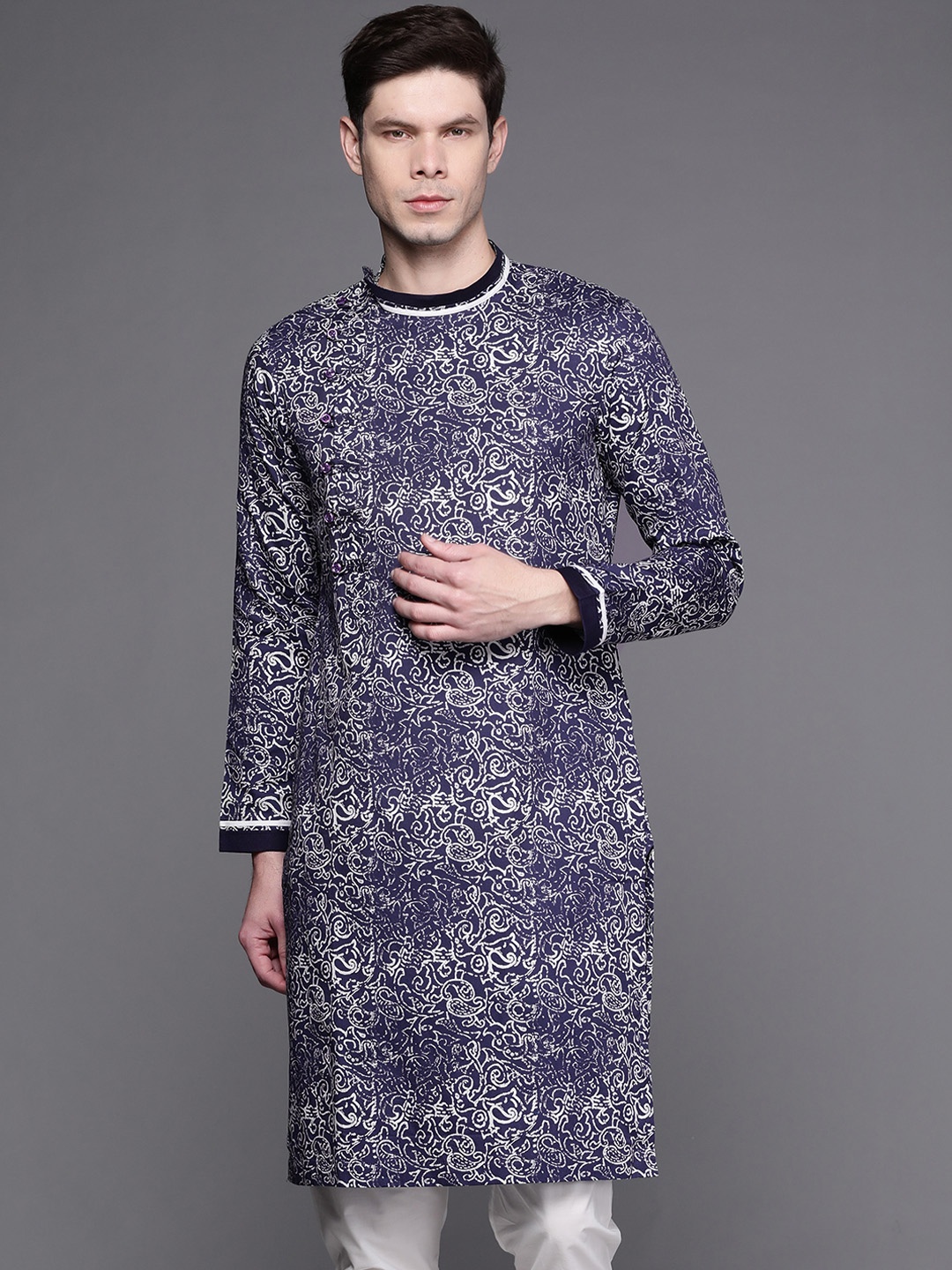 

Manu Men Navy Blue & White Paisley Printed Angrakha Kurta