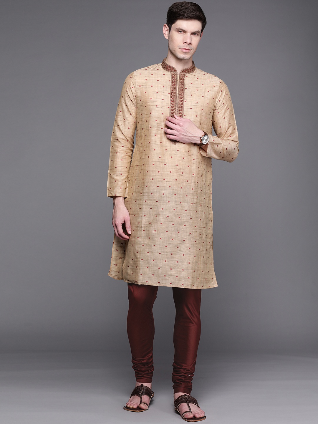 

Manu Men Beige Printed Regular Kurta with Churidar