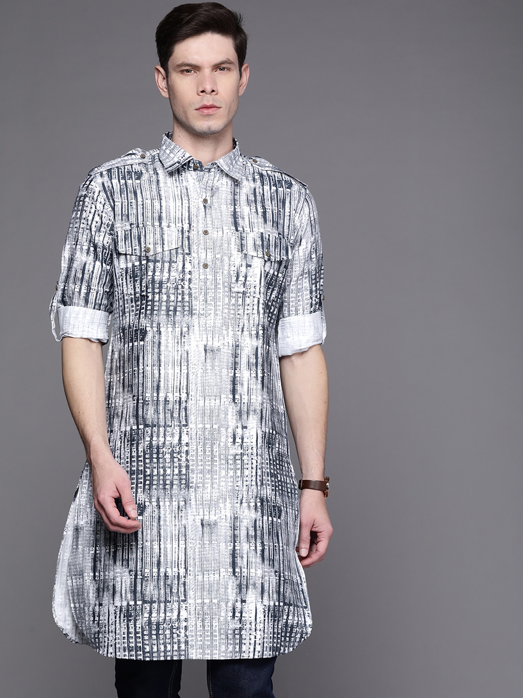 

Manu Men White & Navy Blue Striped Pathani Kurta