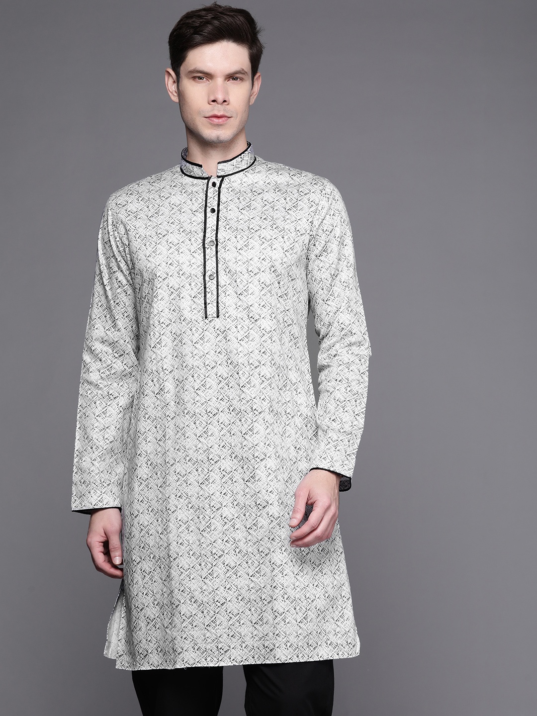 

Manu Men White & Grey Geometric Printed Kurta
