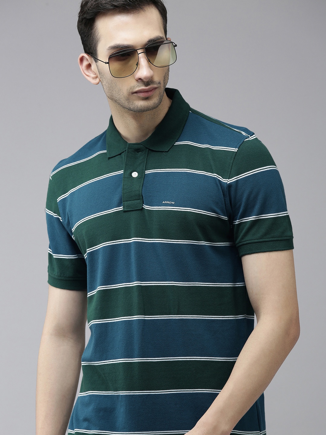

Arrow Men Green & Teal Blue Striped Polo Collar T-shirt
