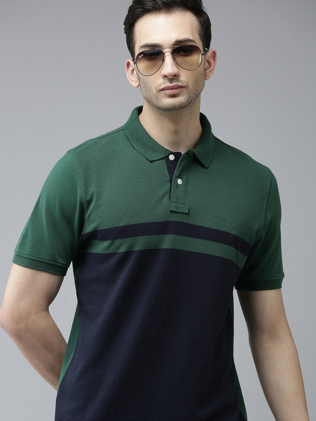 

Arrow Men Dark Green & Navy Blue Colourblocked Regular Fit Polo Collar Casual T-shirt