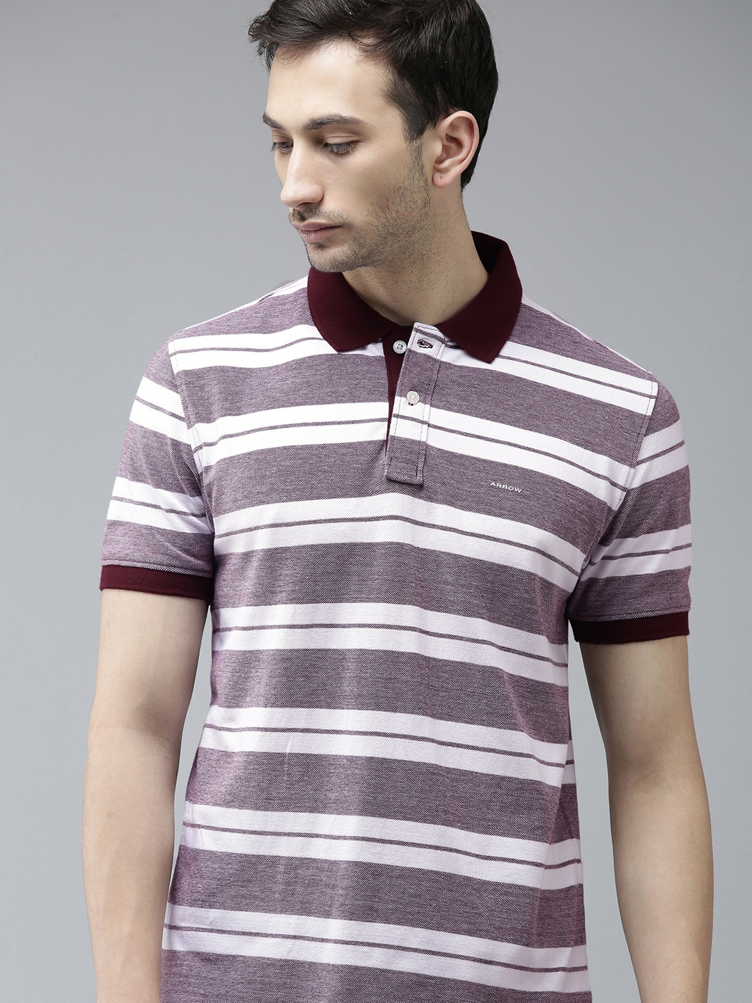 

Arrow Men Maroon & White Striped Regular Fit Polo Collar Casual T-shirt