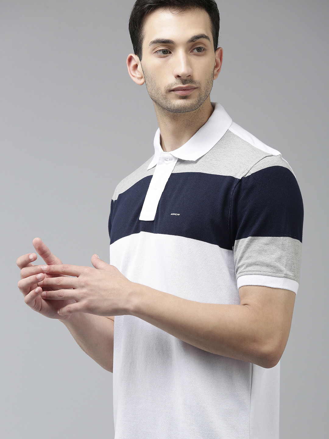 

Arrow Men White & Navy Blue Colourblocked Regular Fit Polo Collar Casual T-shirt