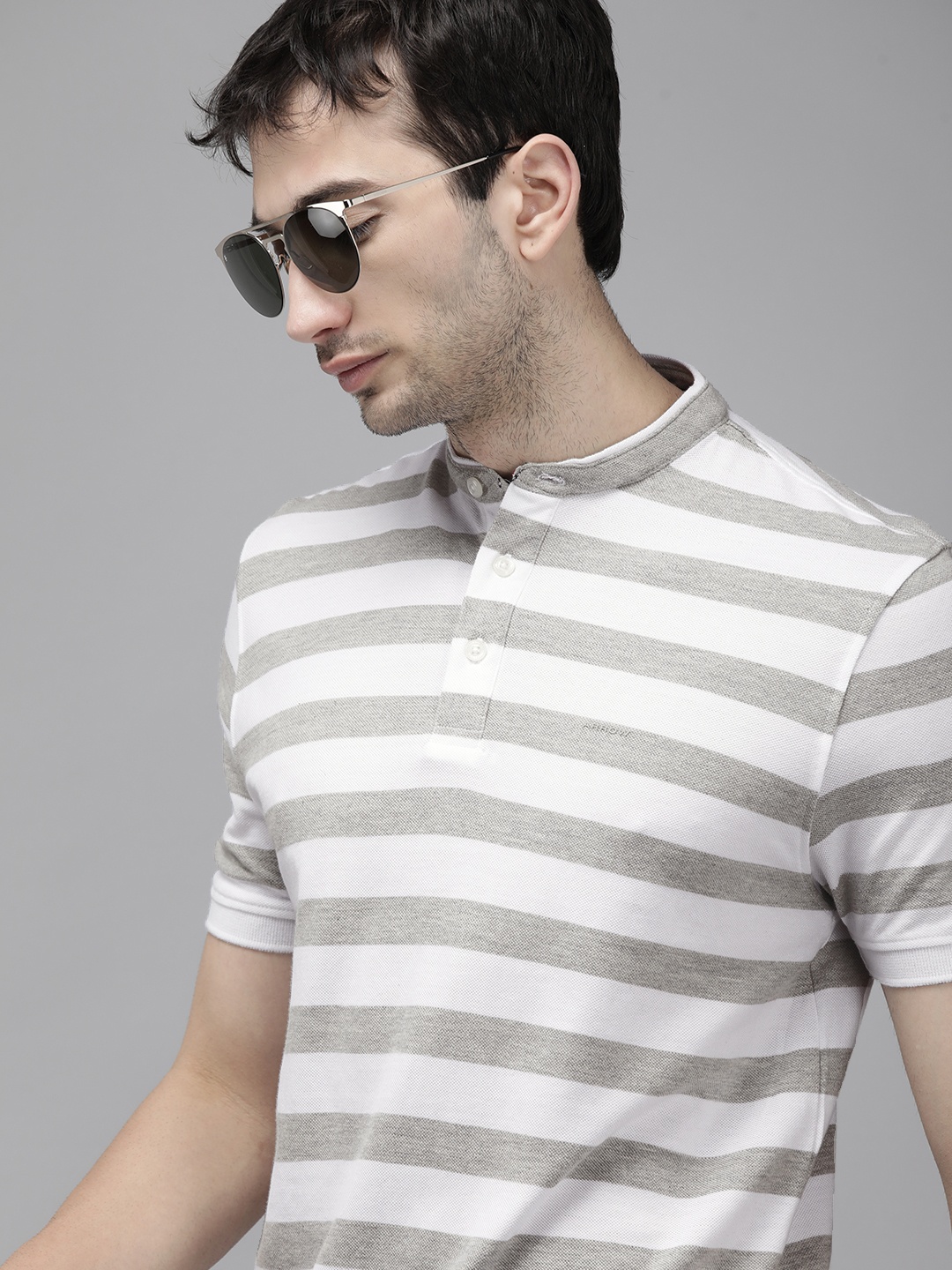 

Arrow Men White Grey Striped Mandarin Collar Pure Cotton T-shirt