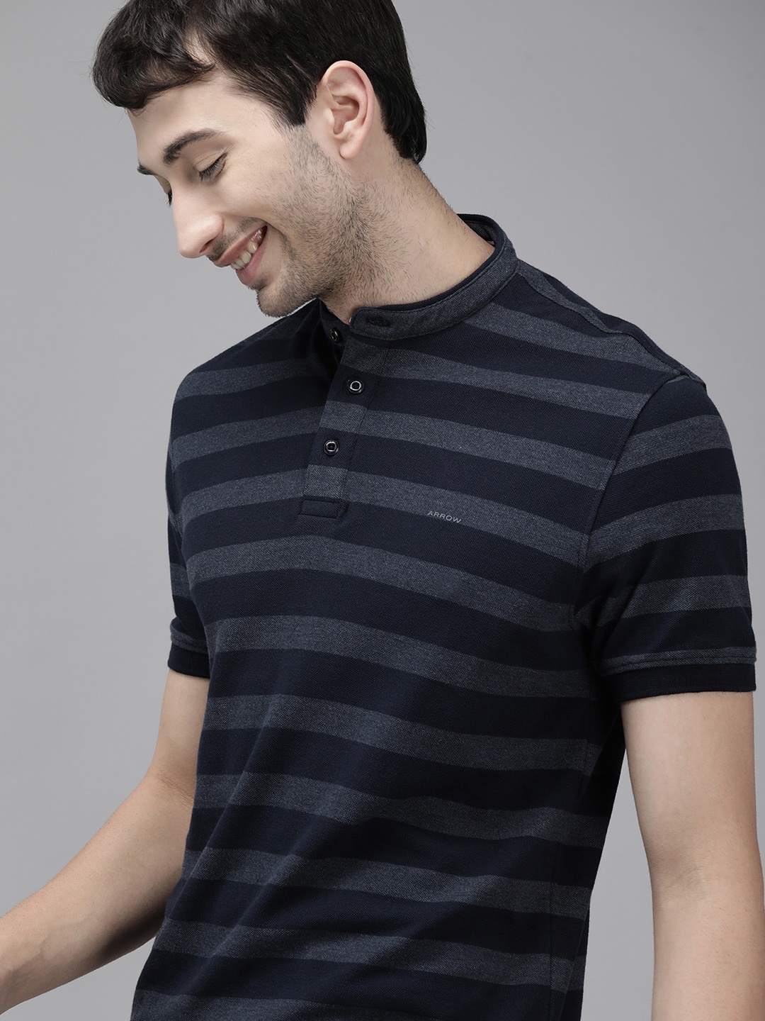 

Arrow Men Navy Blue Striped Mandarin Collar Pure Cotton T-shirt