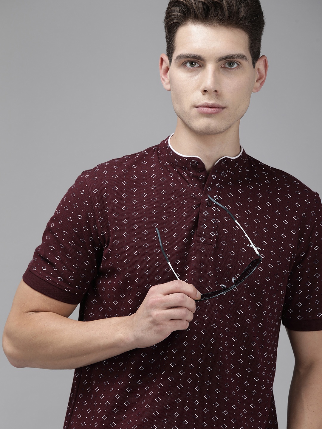 

Arrow Men Burgundy White Printed Mandarin Collar Pure Cotton T-shirt