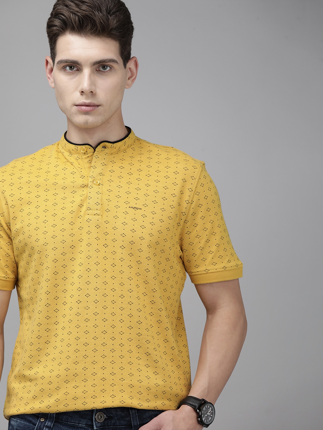 

Arrow Men Yellow Black Printed Mandarin Collar Regular Fit Pure Cotton T-shirt