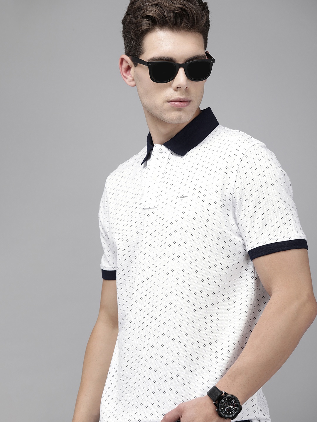 

Arrow Men White Navy Blue Printed Polo Collar Pure Cotton T-shirt