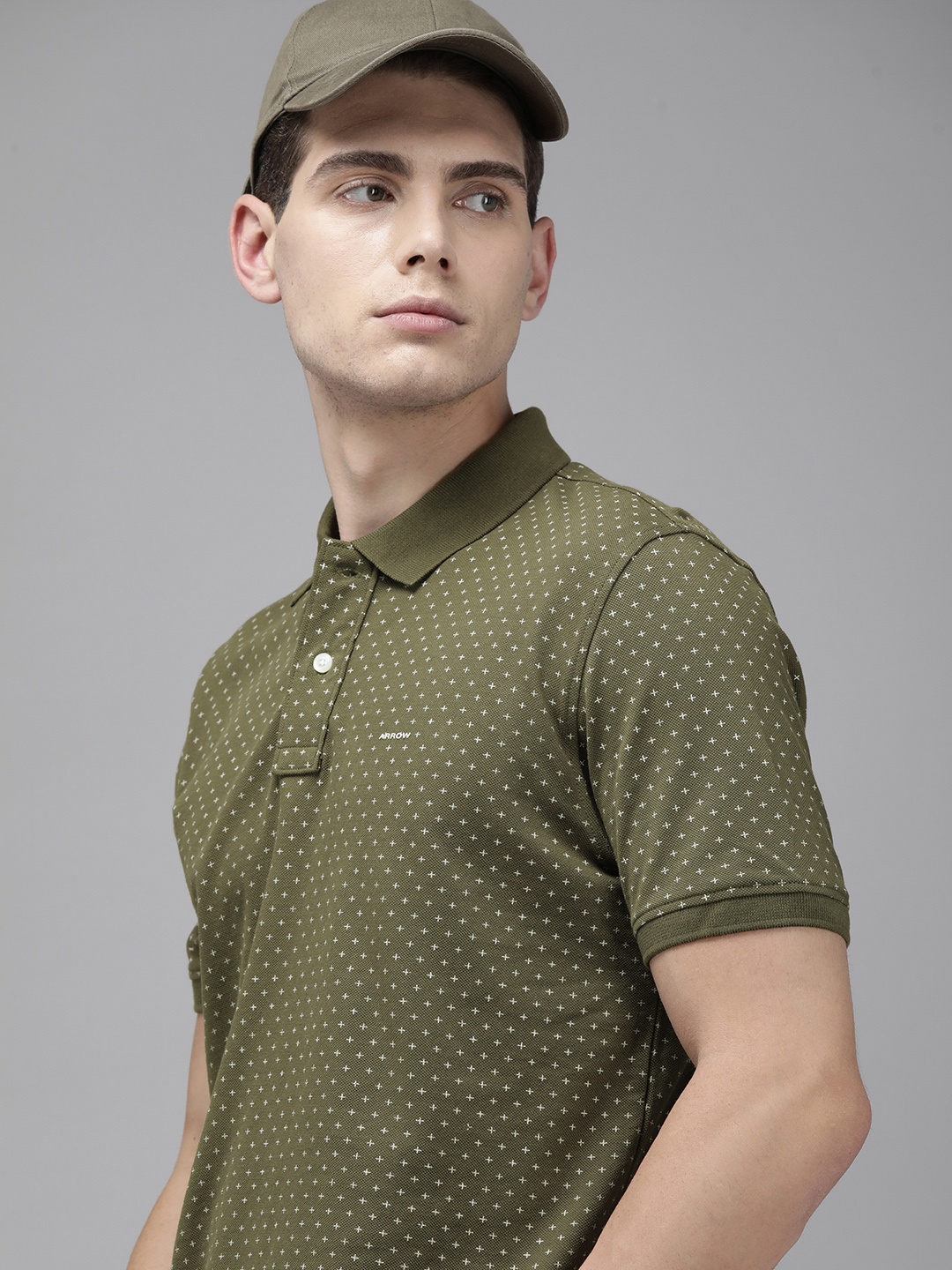 

Arrow Men Olive Green Geometric Printed Pure Cotton Polo Collar Casual Pure Cotton T-shirt
