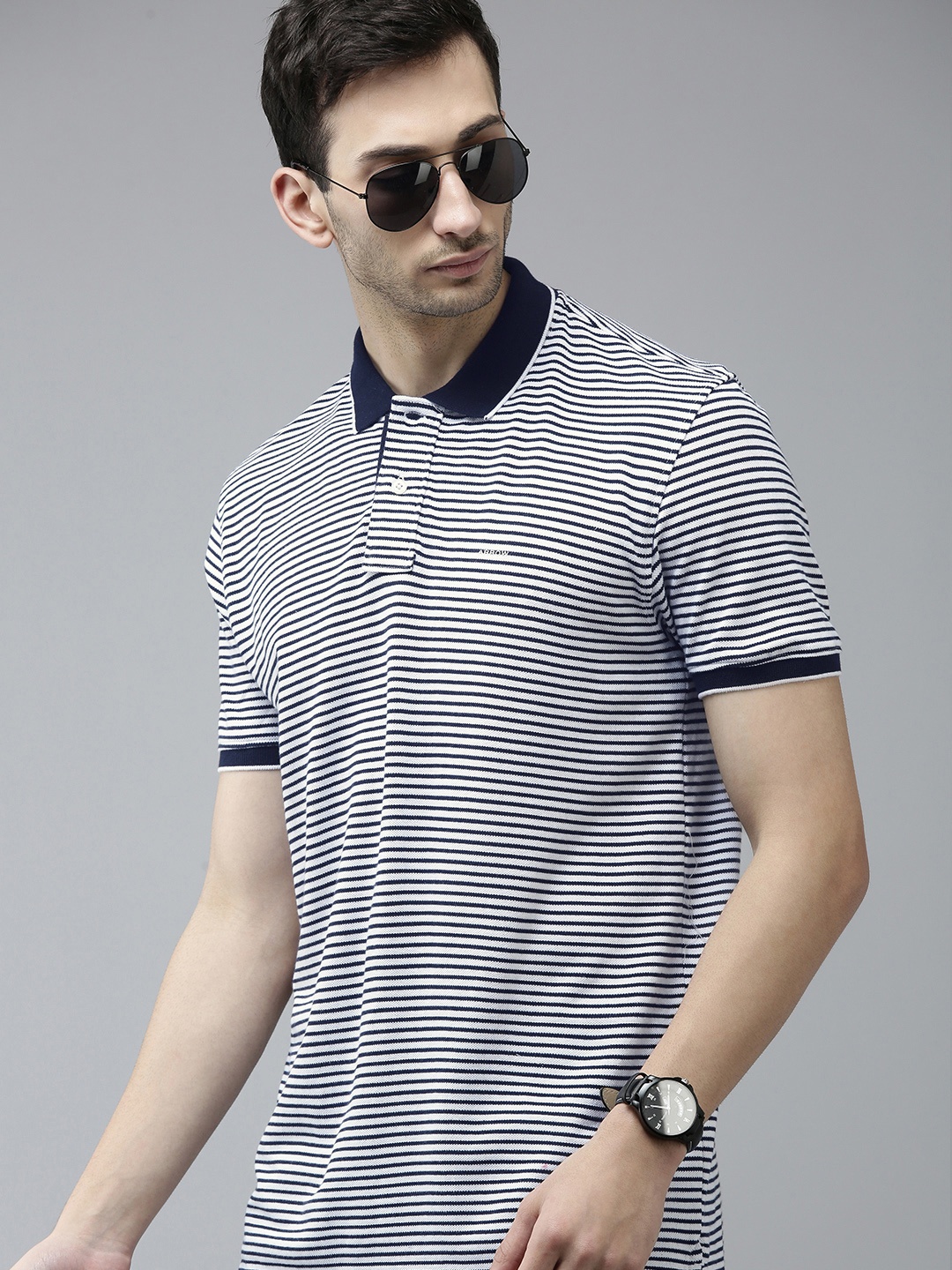 

Arrow Men Navy Blue & White Striped Regular Fit Polo Collar Casual T-shirt