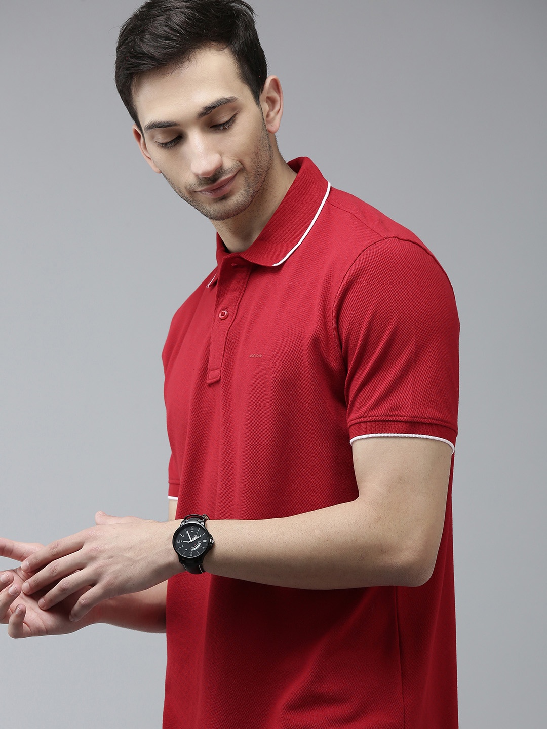 

Arrow Men Red Solid Pure Cotton Polo Collar T-shirt