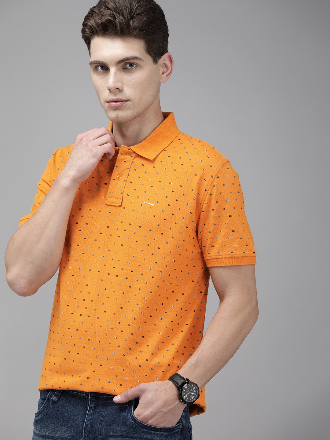 

Arrow Men Orange Blue Printed Polo Collar Pure Cotton T-shirt