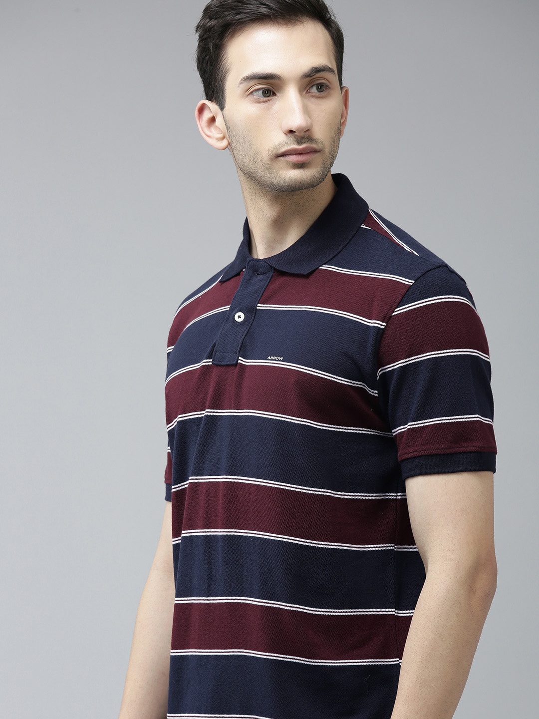 

Arrow Men Navy Blue & Burgundy Striped Pure Cotton Polo Collar T-shirt