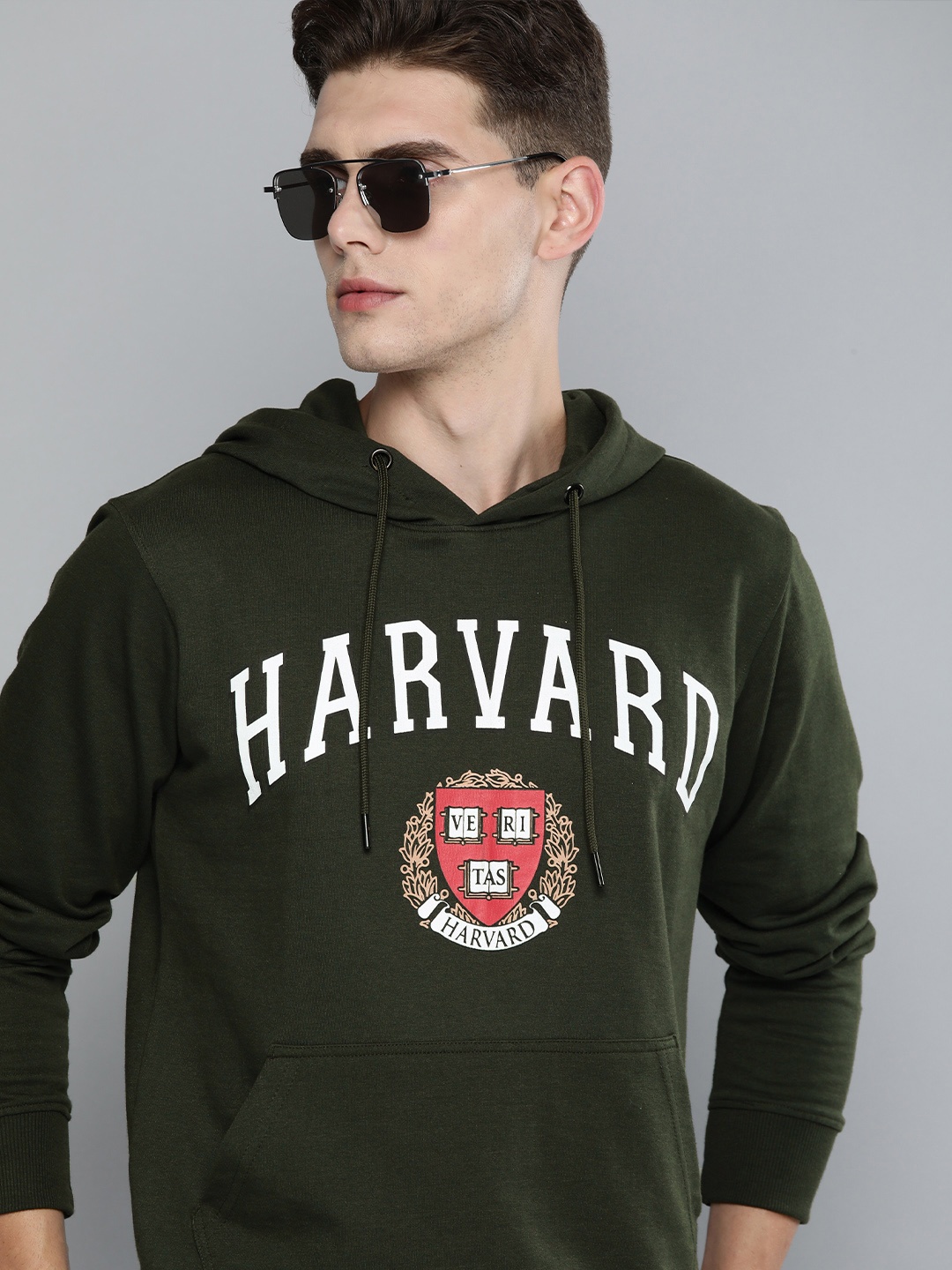 

Harvard Men Olive Green Printed Hooded Sweatshirt
