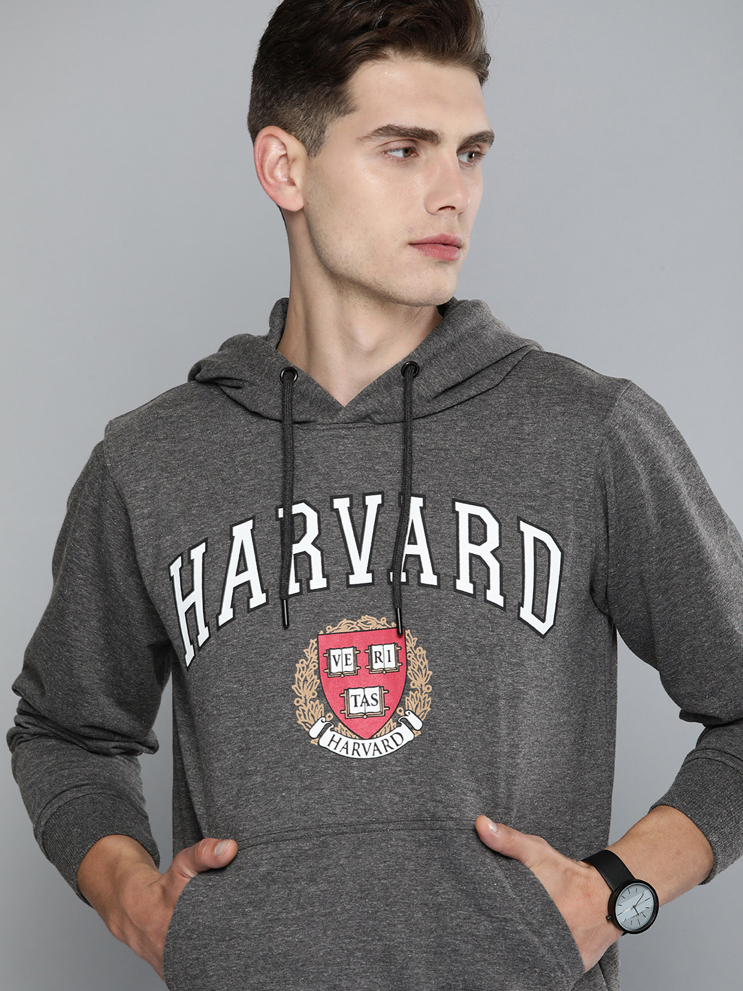 

Harvard Men Grey Melange Printed Hooded Sweatshirt