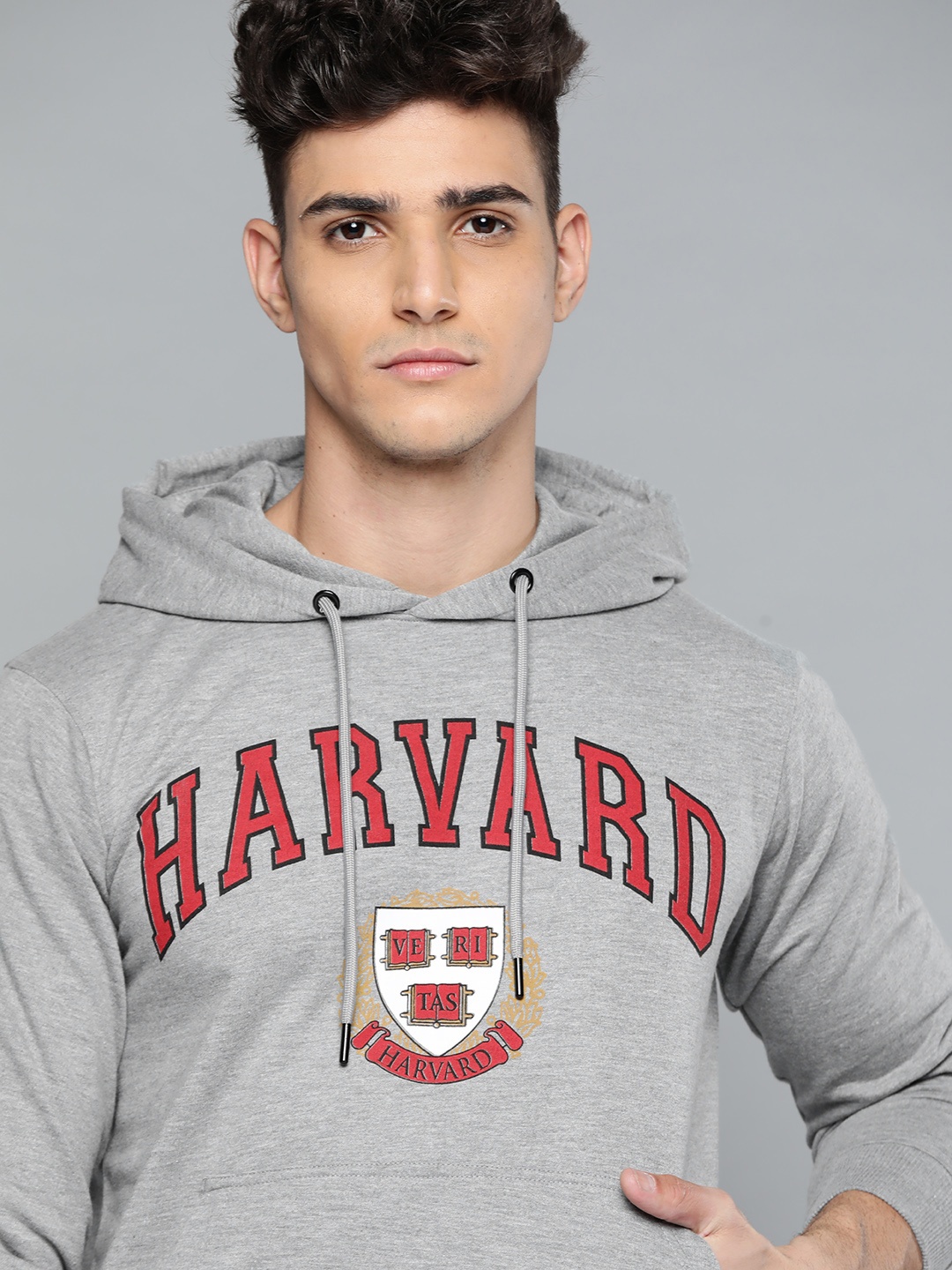 

Harvard Men Grey Melange & Red Printed Hooded Sweatshirt