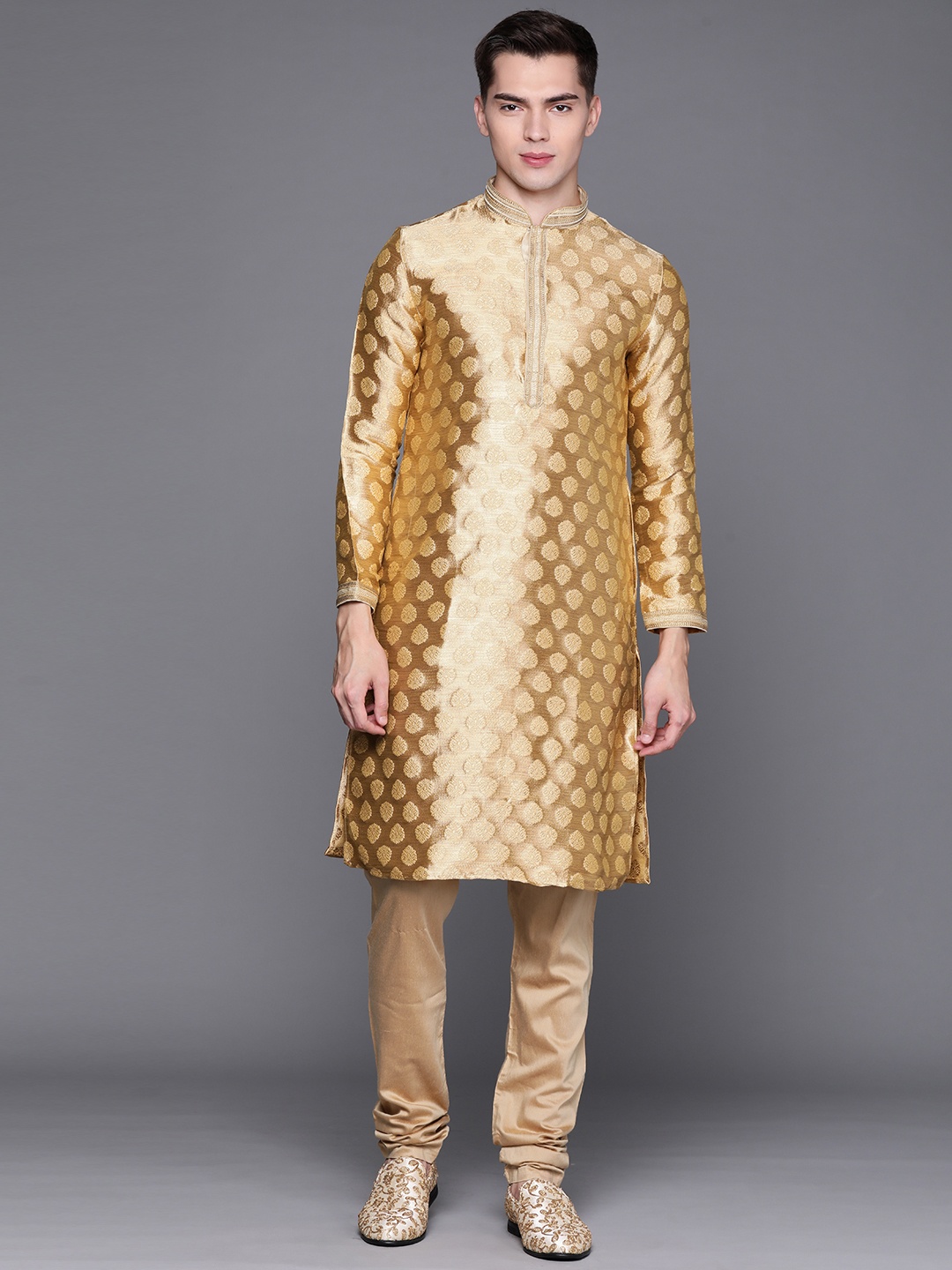 

Manu Men Golden Floral Regular Kurta with Churidar, Gold