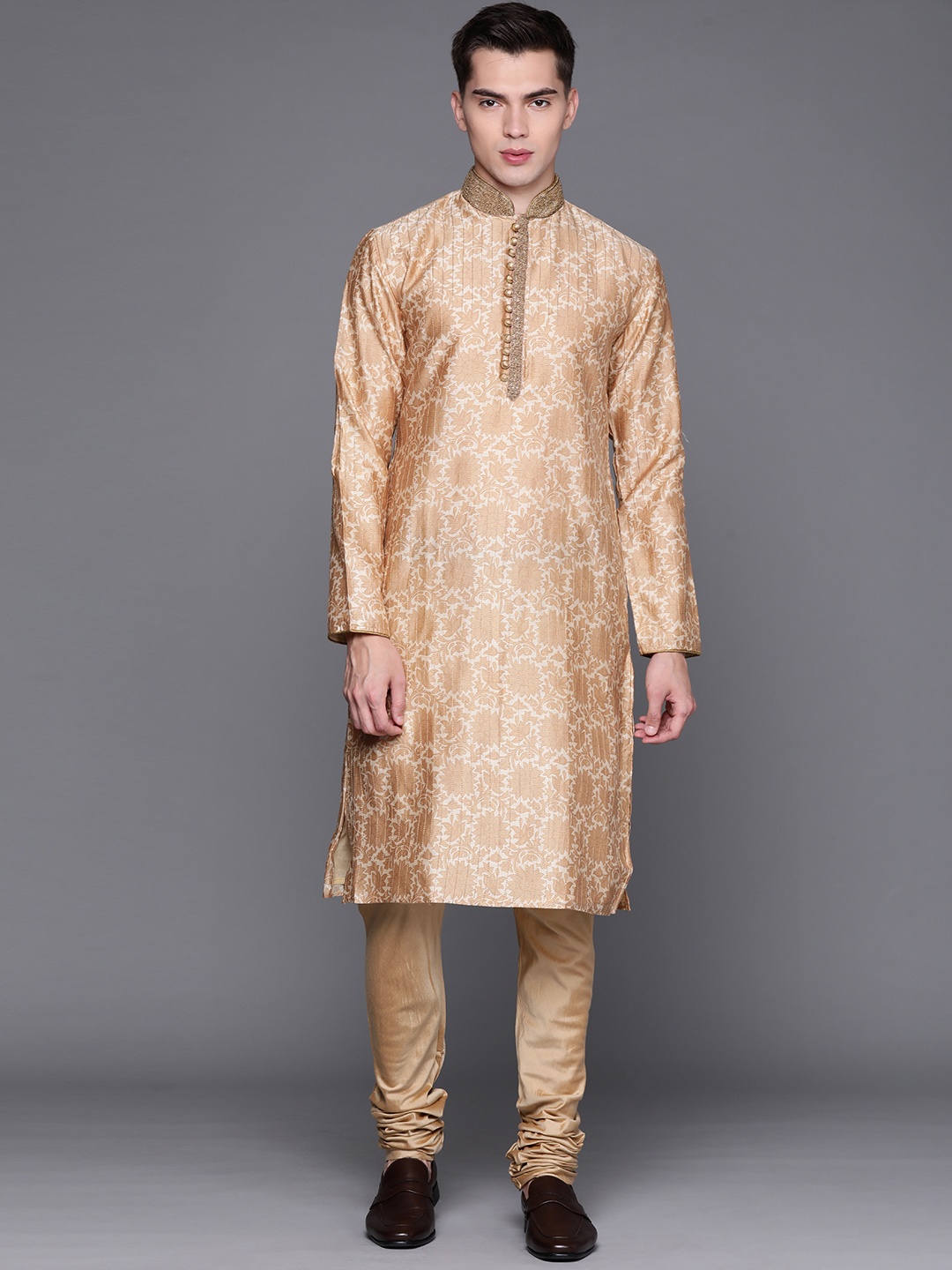 

Manu Men Beige & Golden Floral Printed Regular Kurta with Churidar